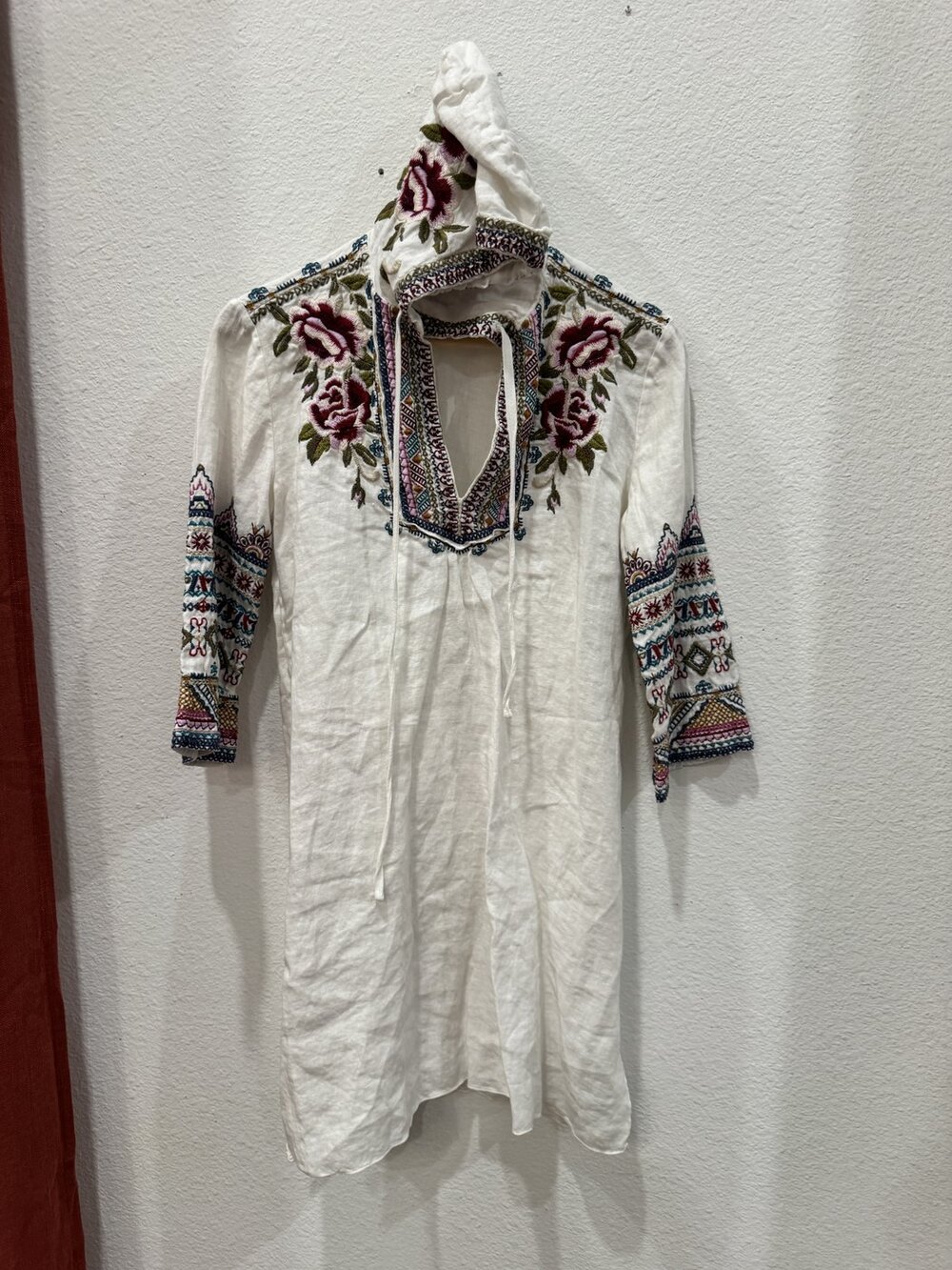 Johnny Was S White 100% Linen Top Multicolor Folk Embroidery Boho Peasant